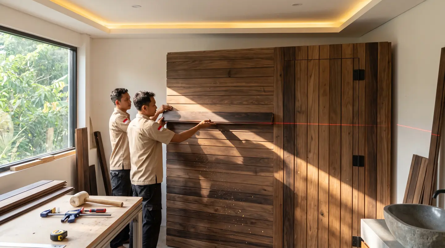 Teknisi memasang kabel tahan panas heater sauna di bengkel Balikpapan