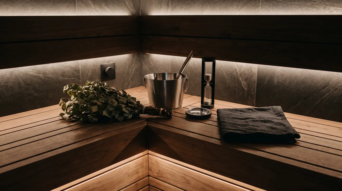 Aksesori sauna: veniki, ember kayu, gayung kuningan, jam pasir dan termometer