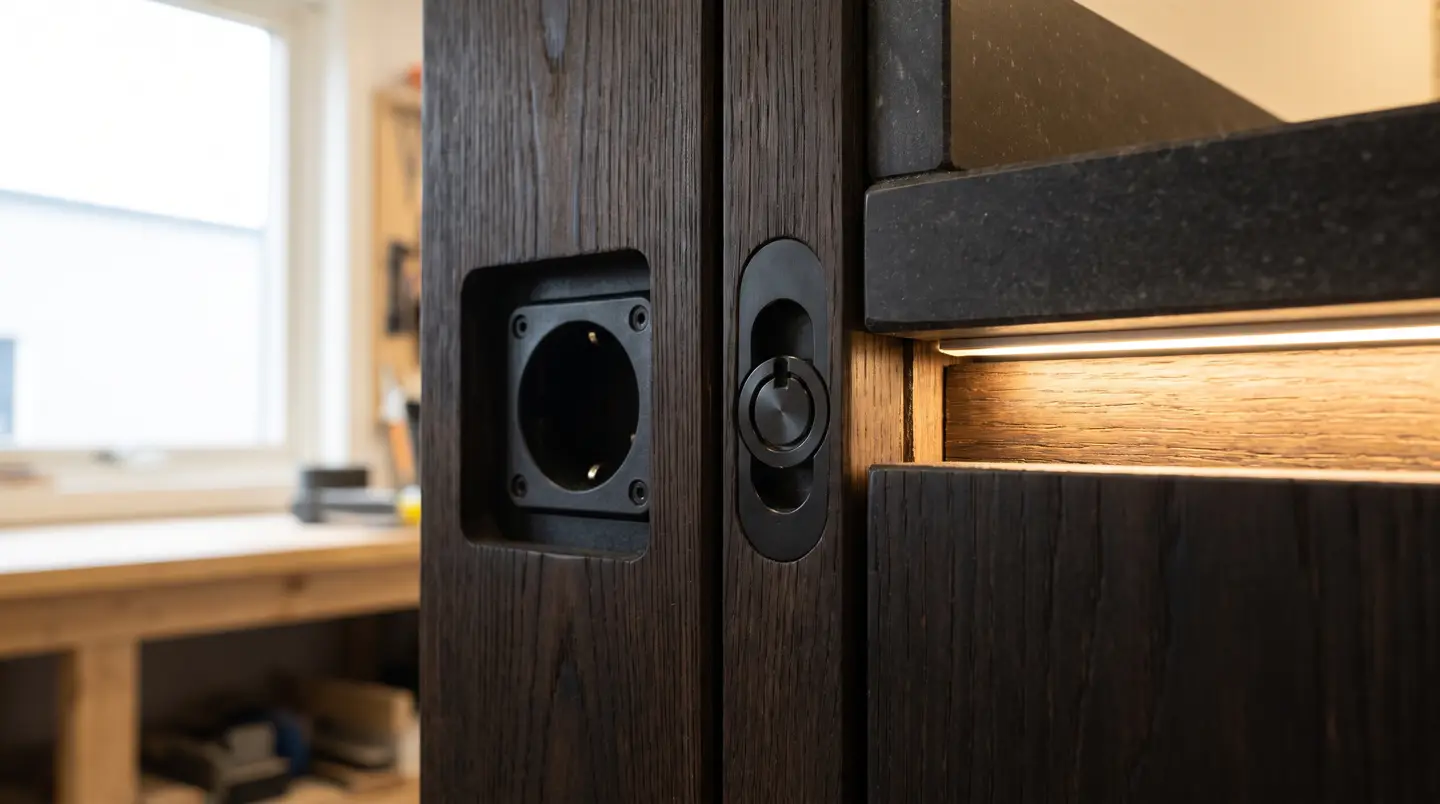 Detail sambungan presisi bangku sauna kayu cedar dengan LED hangat tersembunyi