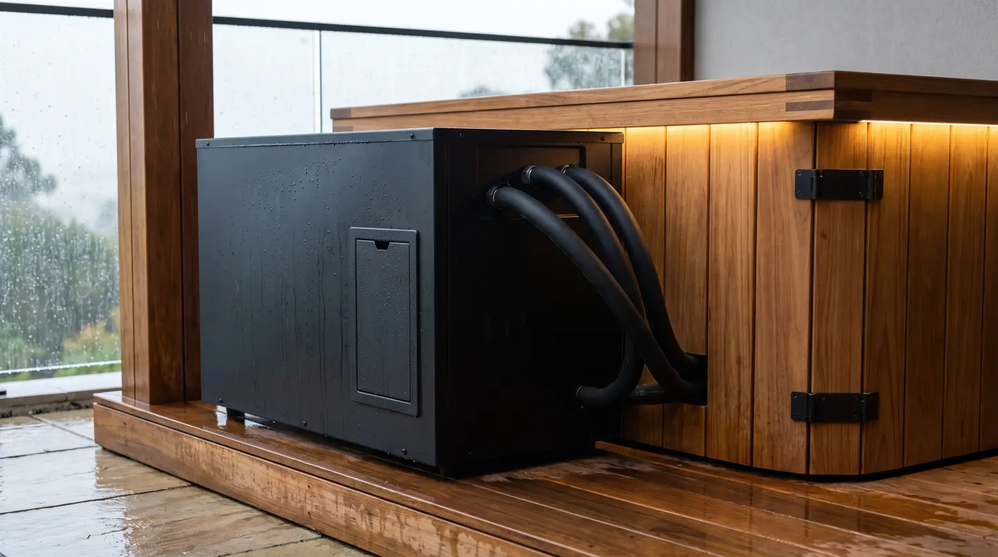 Detail chiller hitam modern dan selang terisolasi di samping ice bath kayu jati