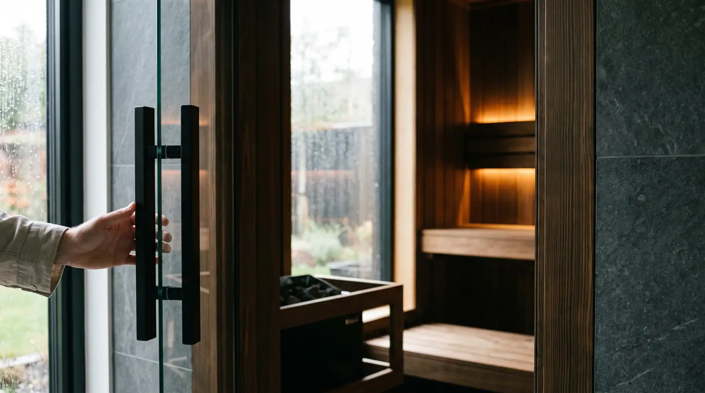 Detail pintu kaca tempered sauna dengan handle hitam matte dan seal magnetik