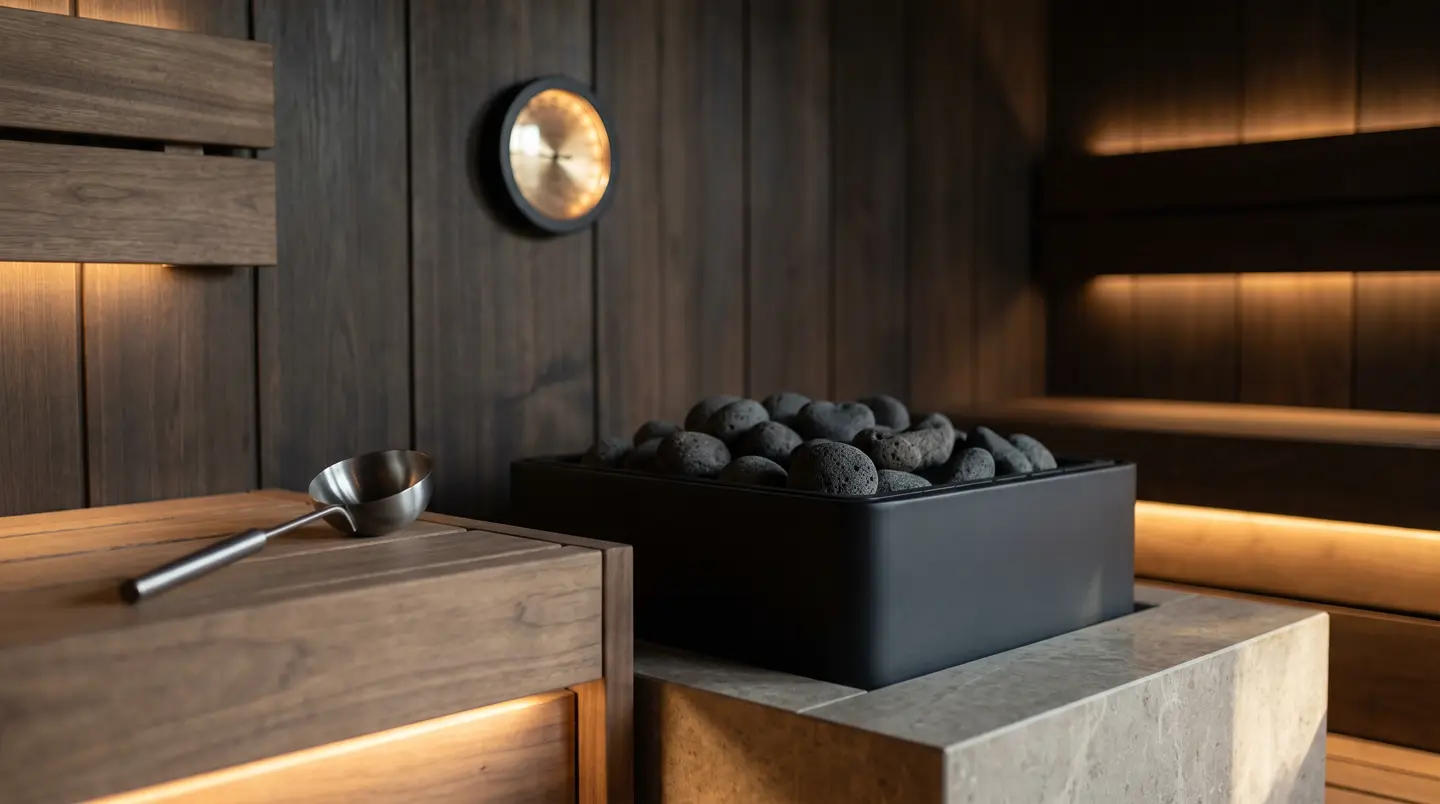 Detail heater sauna hitam berisi batu vulkanik dengan gayung kuningan dan termometer