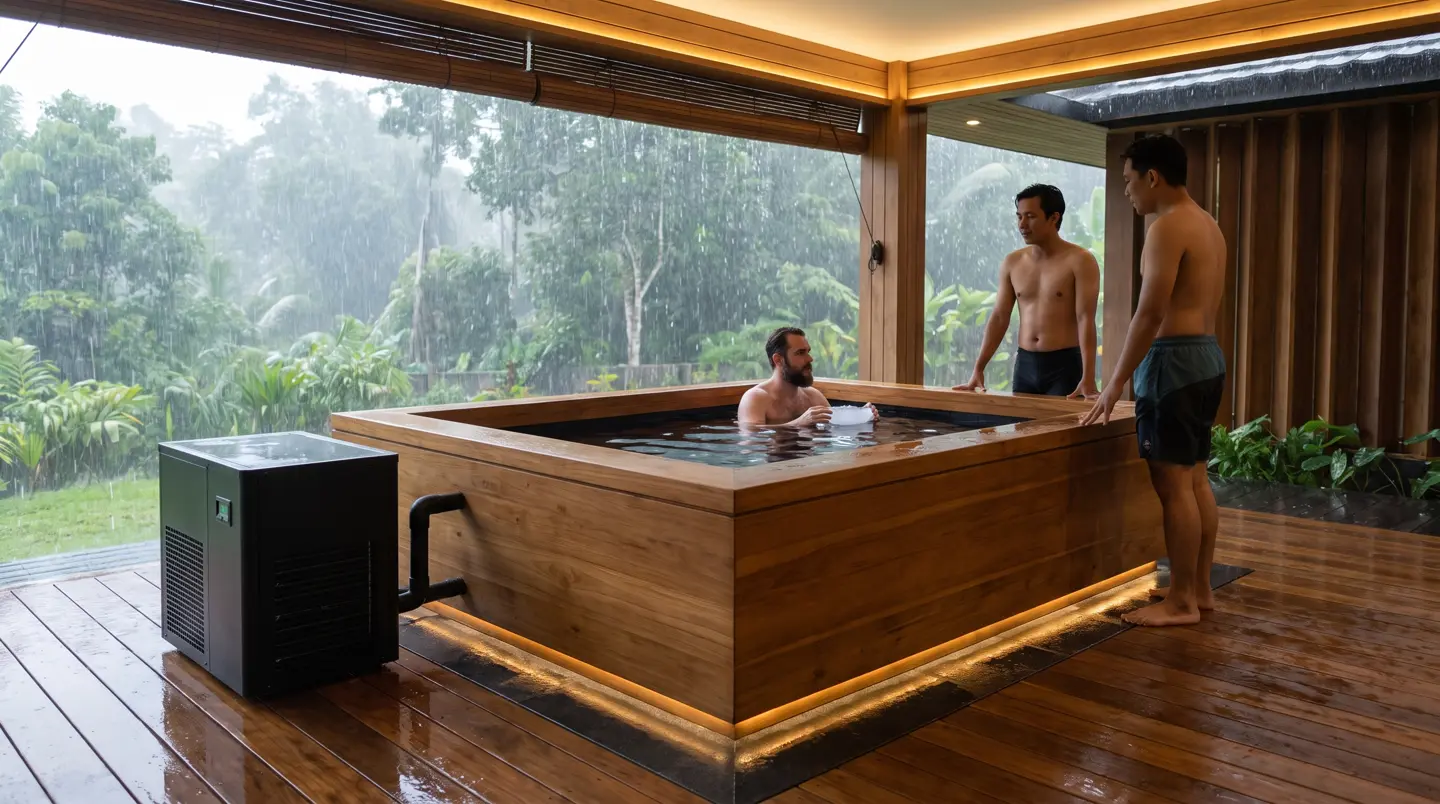 Ice bath kayu dengan chiller di teras tertutup Sepinggan Balikpapan saat hujan