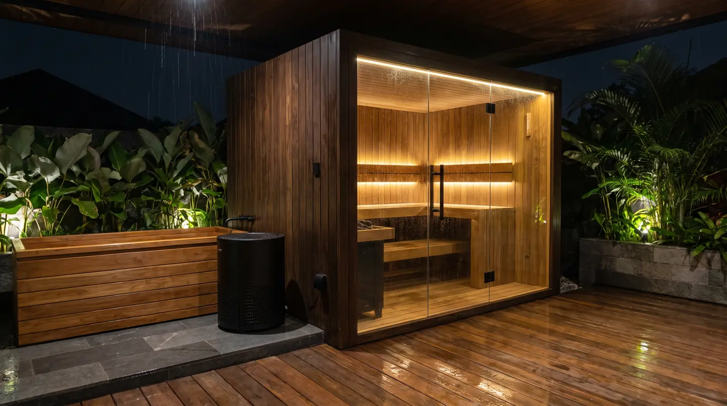 Sauna dan ice bath kayu jati terpasang di Balikpapan Baru dan Grand City, Balikpapan