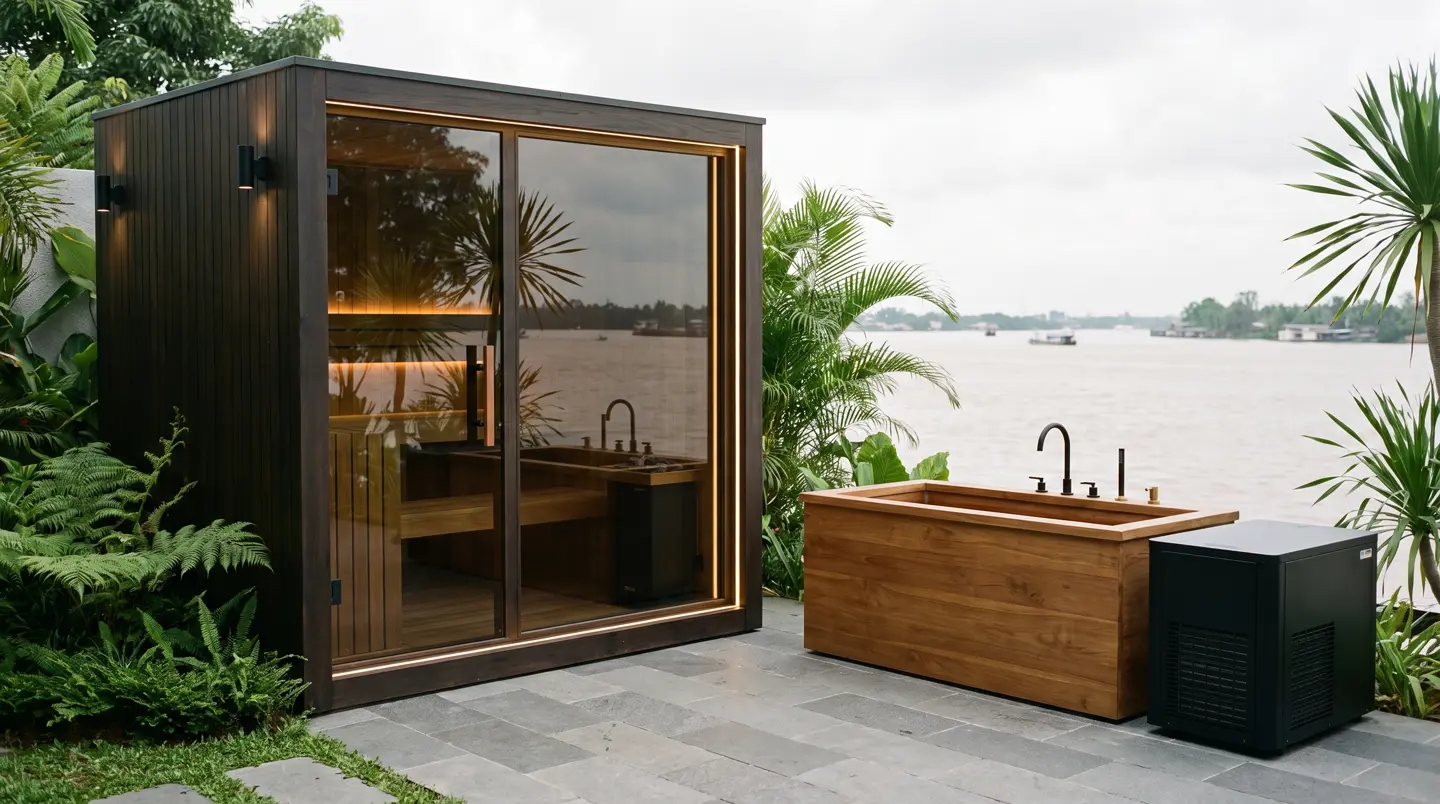 Sauna dan ice bath kayu jati terpasang di Samarinda, Balikpapan