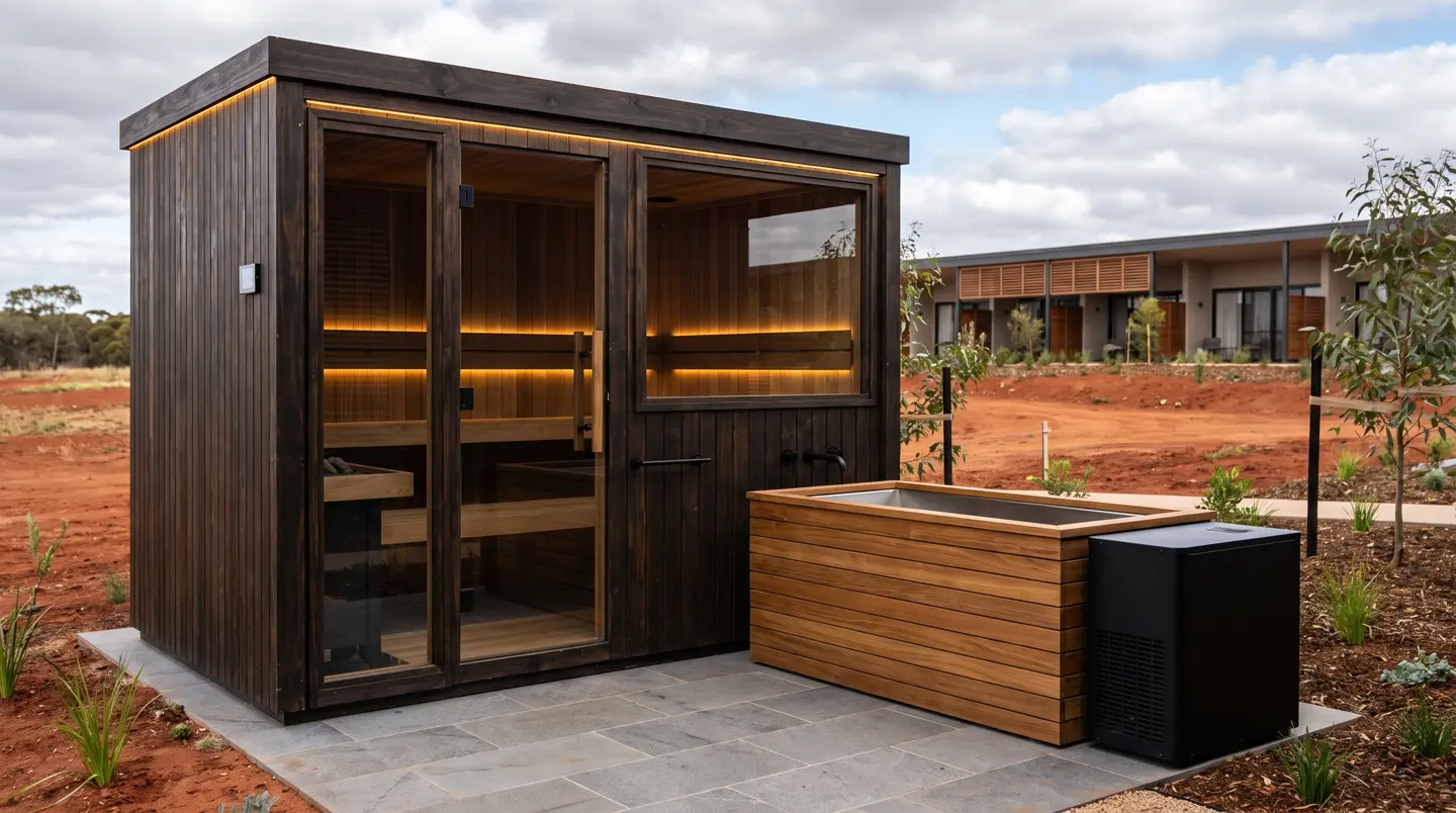Sauna dan ice bath kayu jati terpasang di IKN Nusantara dan Penajam, Balikpapan