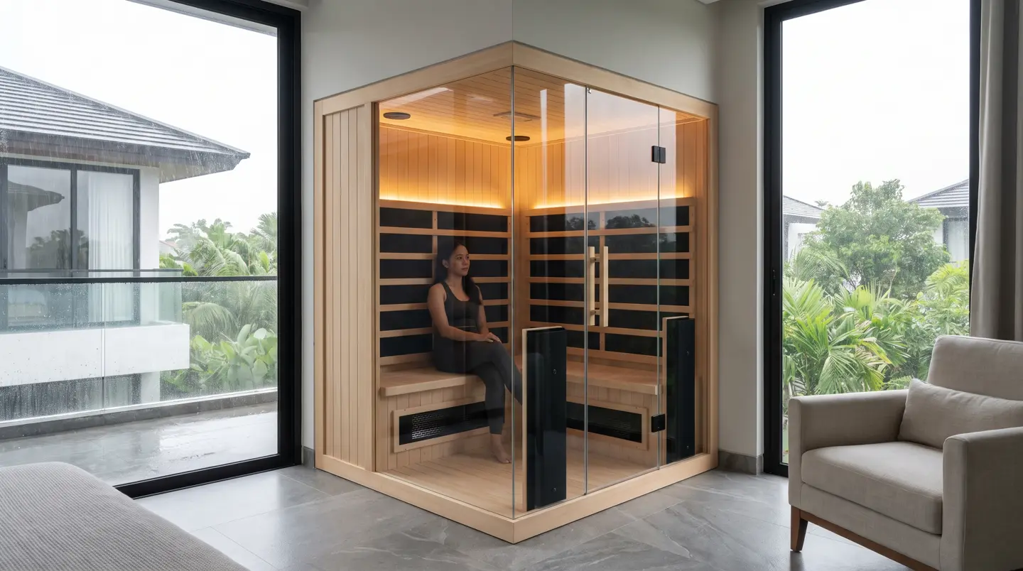 Kabin sauna infrared 1–2 orang panel karbon di kamar rumah Balikpapan