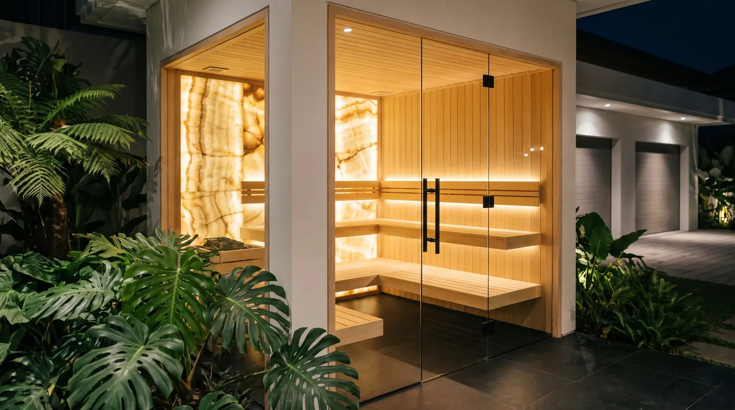 Sauna custom premium dinding kaca dan onyx di rumah Grand City Balikpapan