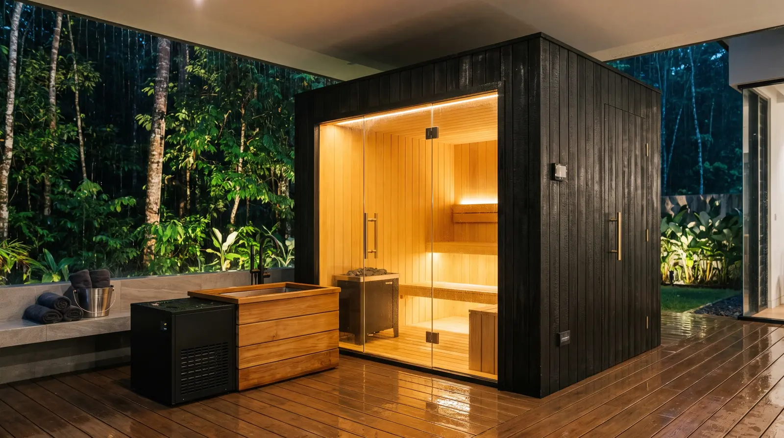 Sauna kaca dan ice bath di teras rumah ekspat Balikpapan Baru