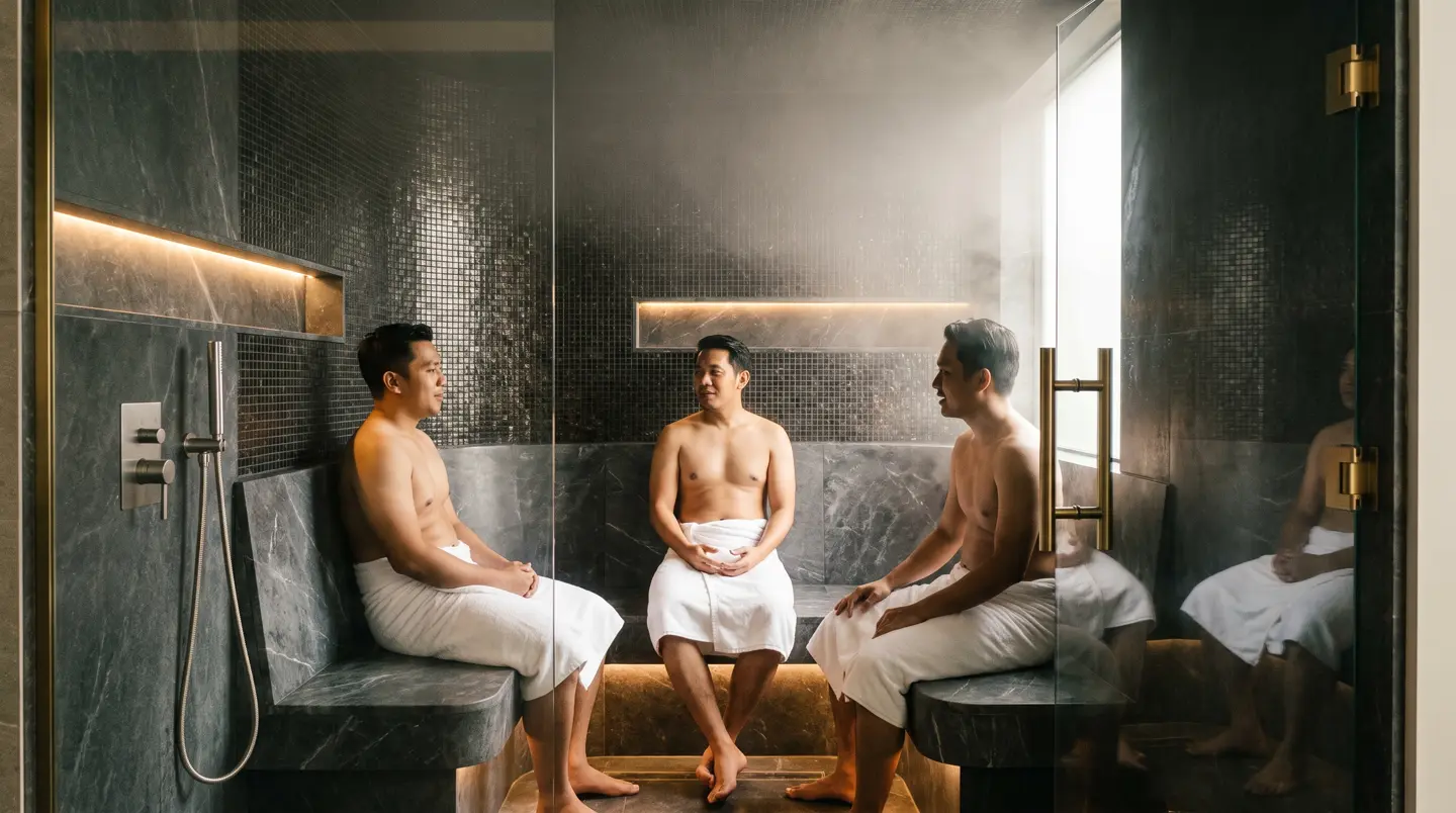 Steam room mosaik biru dengan pintu kaca untuk pekerja offshore Balikpapan