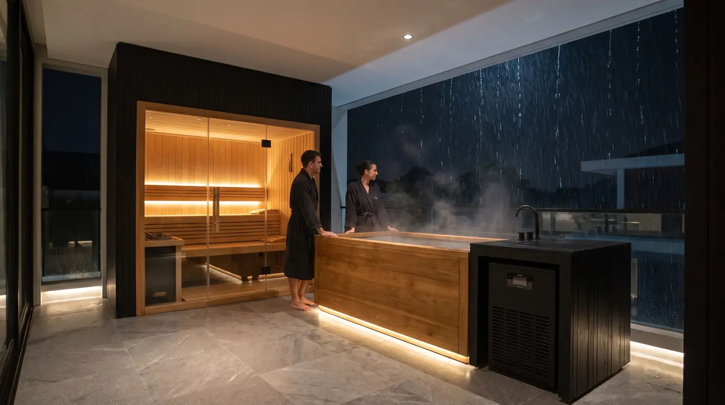 Teras wellness malam hari dengan sauna kaca menyala dan ice bath berchiller hitam di Balikpapan